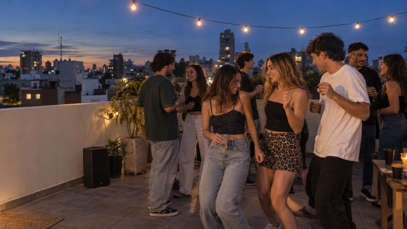 Amigos bailando y charlando en una fiesta en una terraza al anochecer