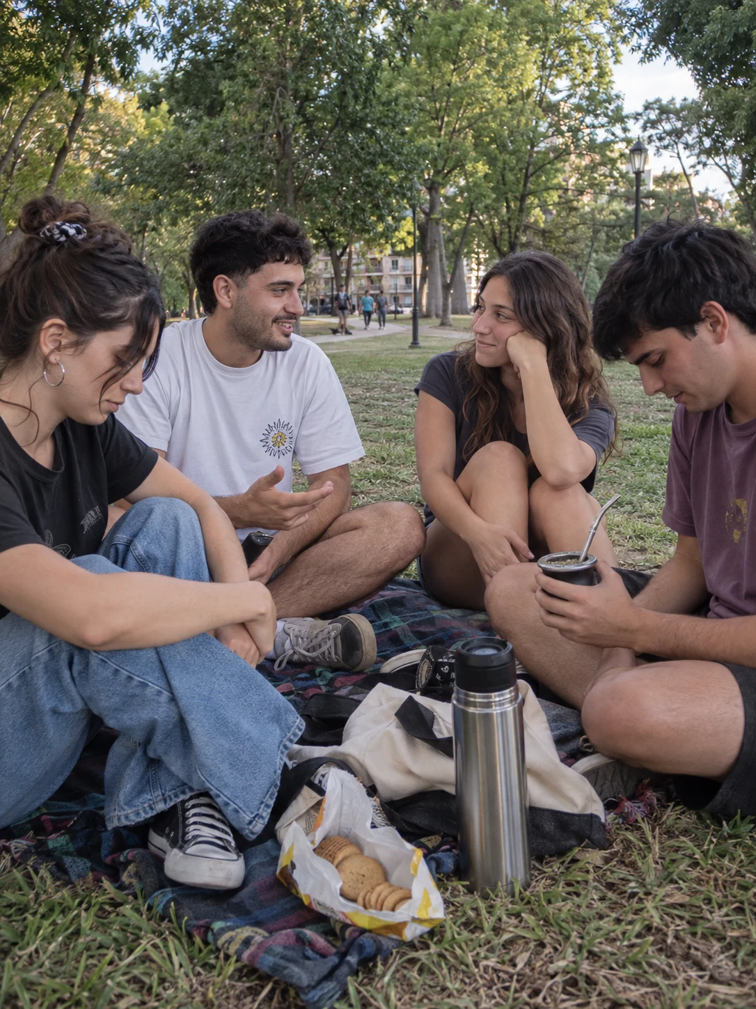 Cuatro amigos compartiendo mates sentados en el pasto de un parque